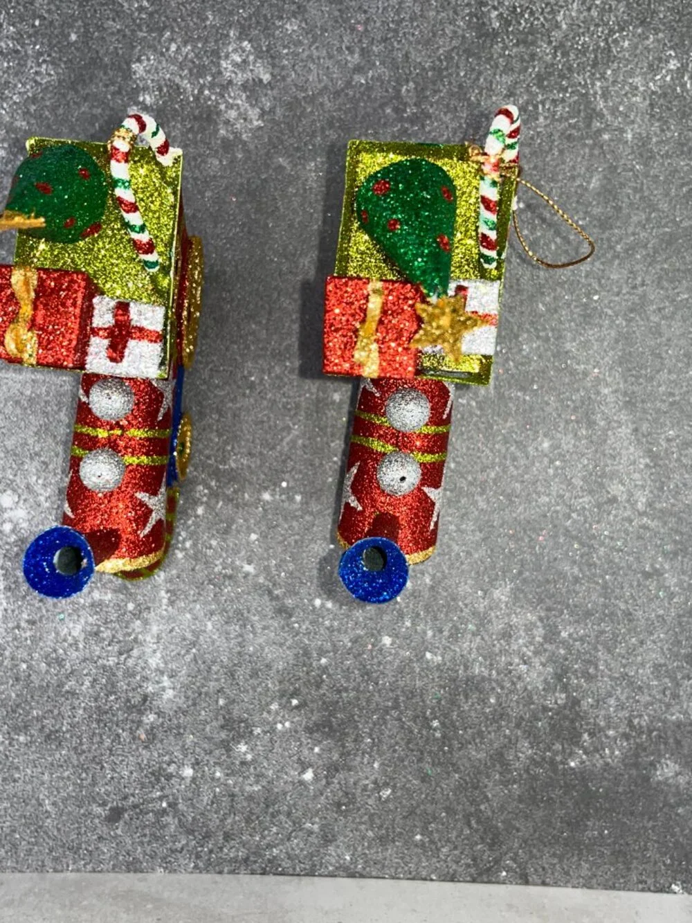 Vintage Pier One Pier 1 Metal Glitter Christmas Train Ornaments Red Green Blue